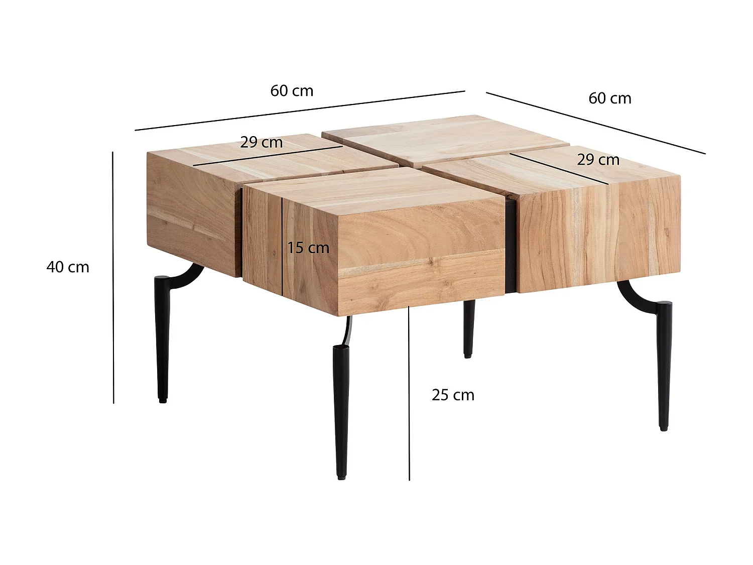 Couchtisch Akazie Massivholz 60x60x40 cm Quadratisch mit Metallgestell, Kleiner Sofatisch
