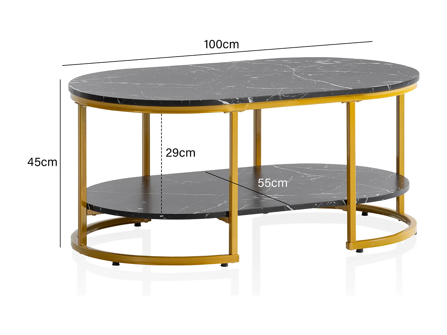 Couchtisch 100x60x45 cm Schwarz mit Marmor Optik, Design Wohnzimmertisch Rechteckig, Lounge