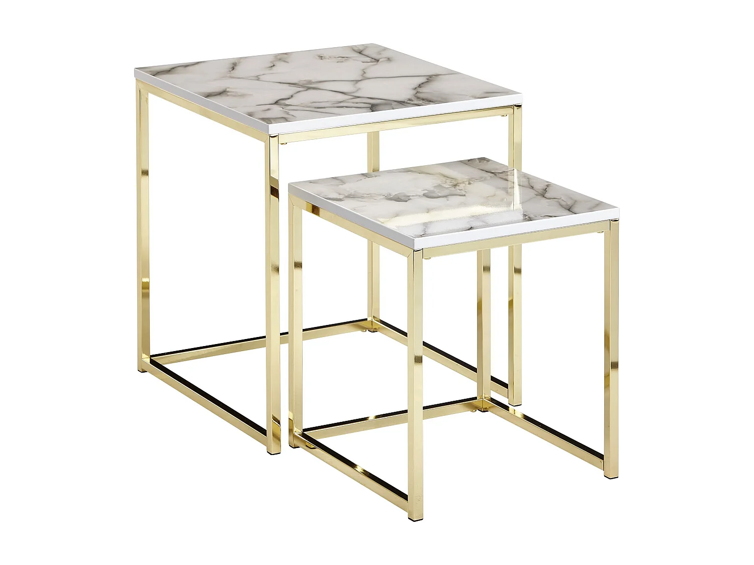 Design Side  Set van 2 witte marmer optiek hoekig | Salontafel 2-delig tafelframe metaal goud | Kleine salontafels | Moderne vierkante bijzettafels