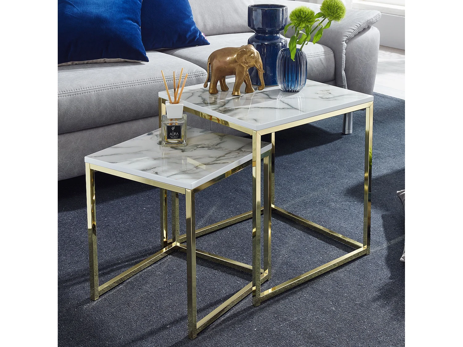 Design Side  Set van 2 witte marmer optiek hoekig | Salontafel 2-delig tafelframe metaal goud | Kleine salontafels | Moderne vierkante bijzettafels