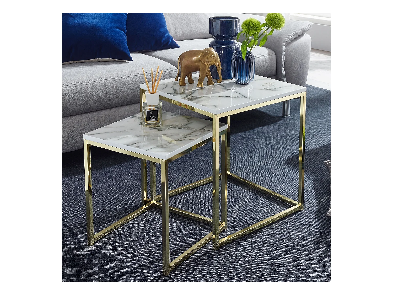 Design Side  Set van 2 witte marmer optiek hoekig | Salontafel 2-delig tafelframe metaal goud | Kleine salontafels | Moderne vierkante bijzettafels