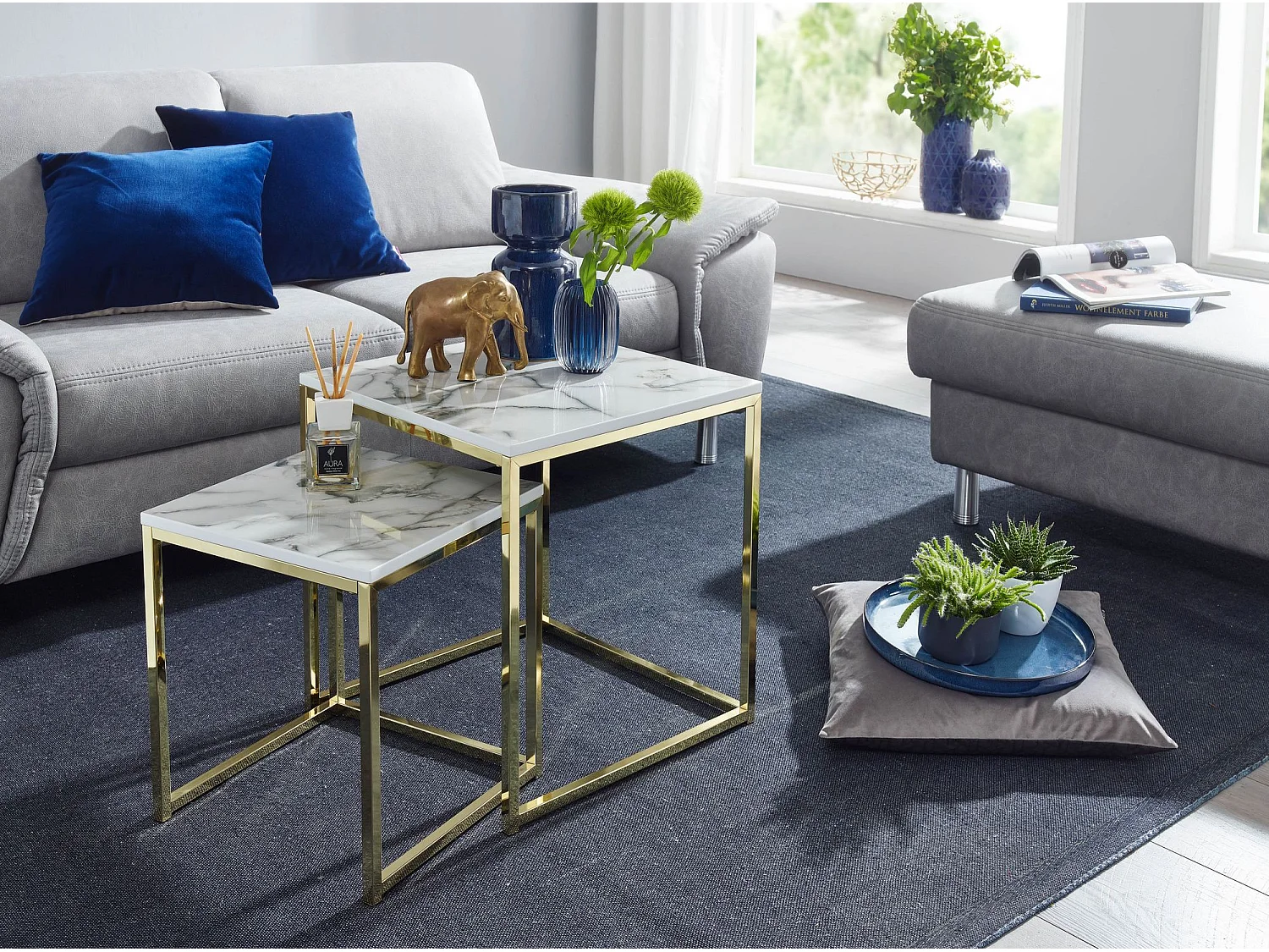 Design Side  Set van 2 witte marmer optiek hoekig | Salontafel 2-delig tafelframe metaal goud | Kleine salontafels | Moderne vierkante bijzettafels