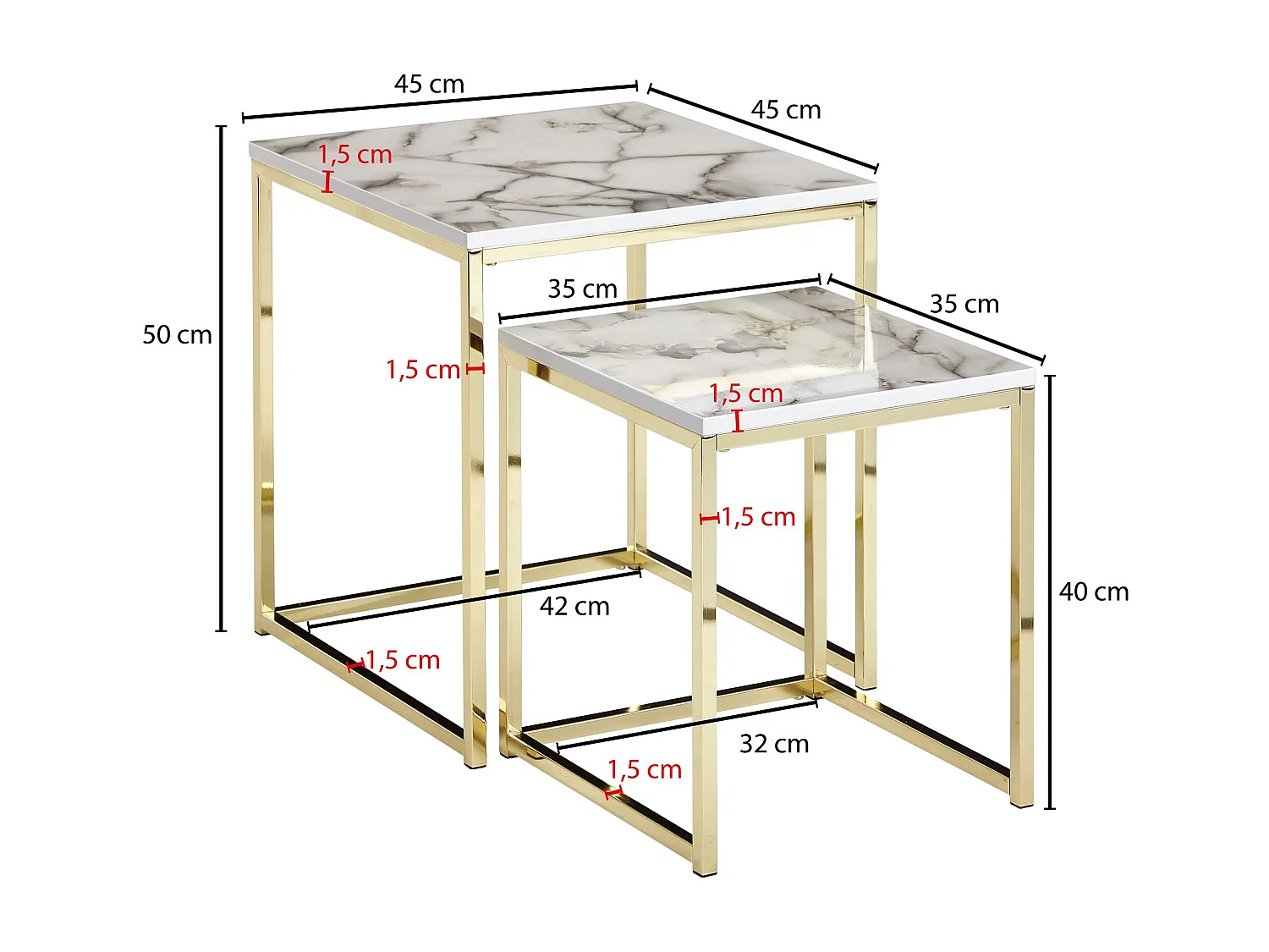Design Side  Set van 2 witte marmer optiek hoekig | Salontafel 2-delig tafelframe metaal goud | Kleine salontafels | Moderne vierkante bijzettafels