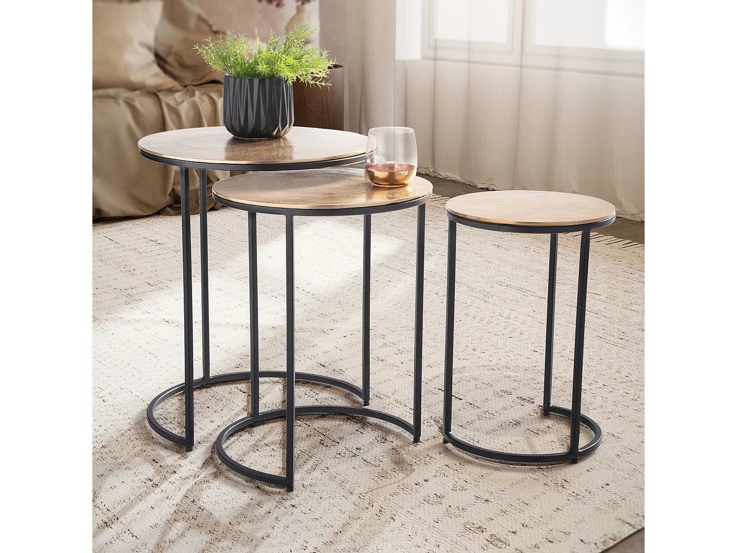 Beistelltisch 3er Set Aluminium Gold / Schwarz Design Satztisch Metall Rund, Wohnzimmertisch