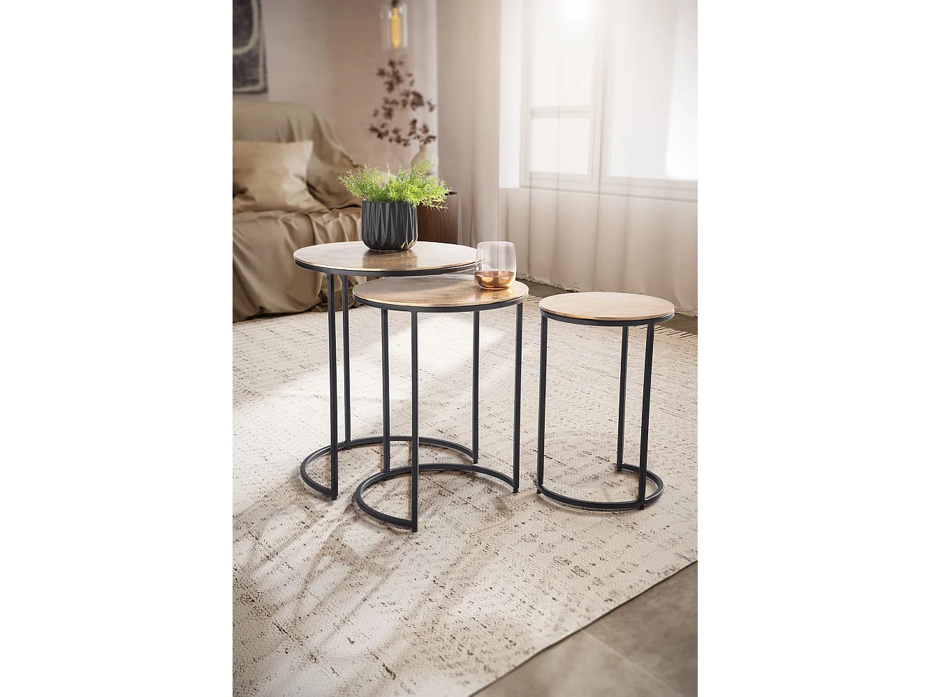 Beistelltisch 3er Set Aluminium Gold / Schwarz Design Satztisch Metall Rund, Wohnzimmertisch