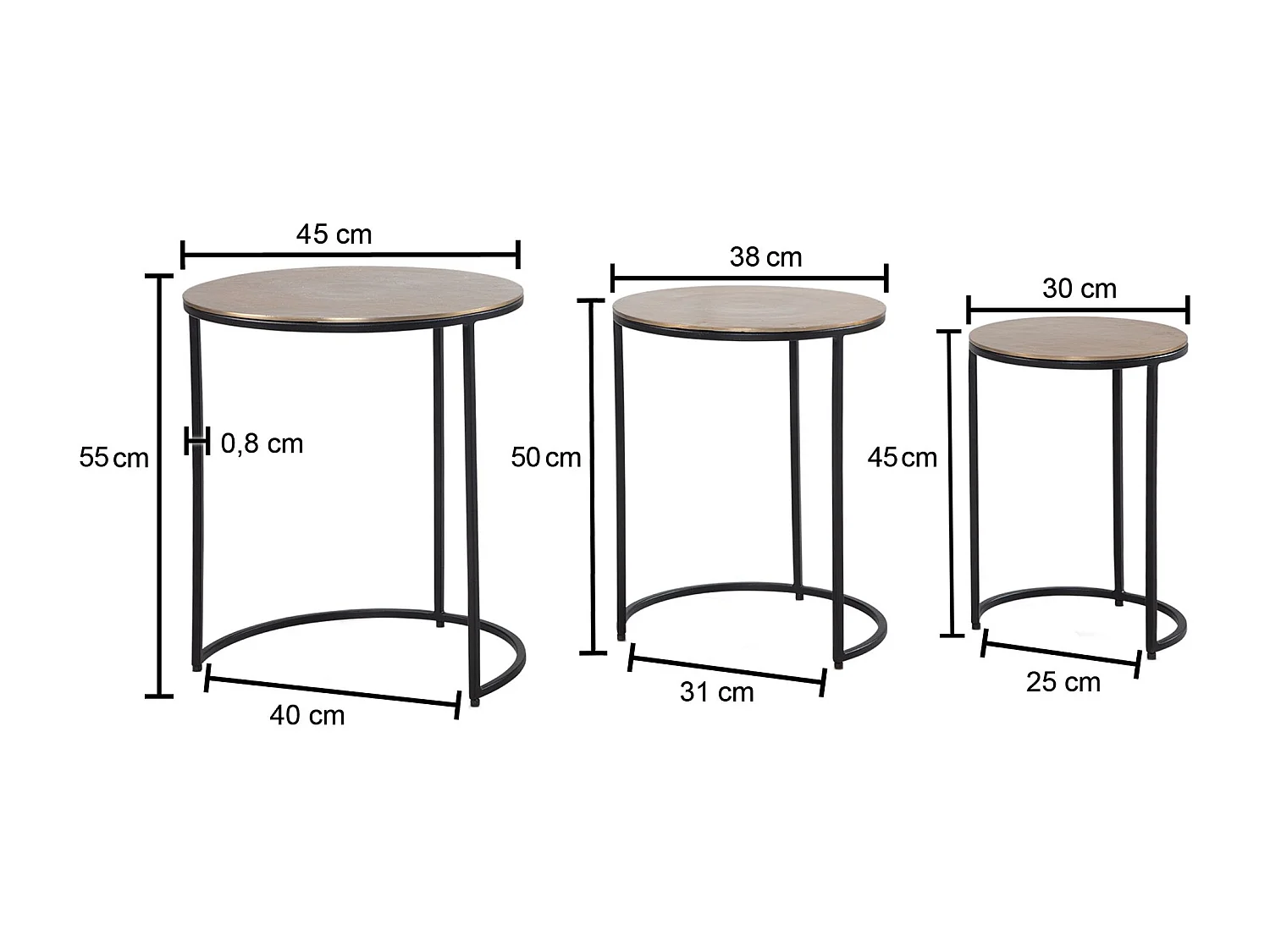 Beistelltisch 3er Set Aluminium Gold / Schwarz Design Satztisch Metall Rund, Wohnzimmertisch
