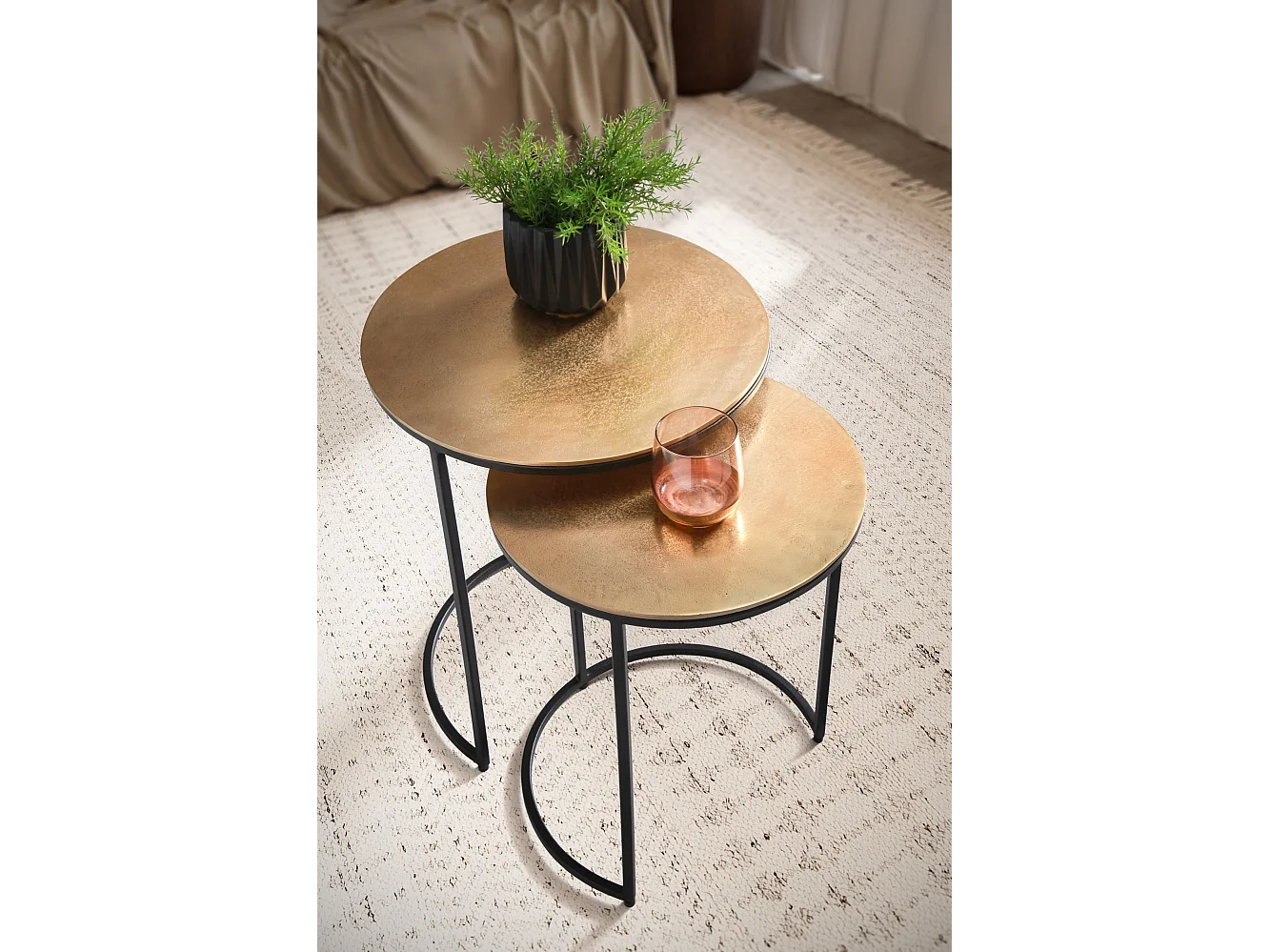 Beistelltisch 3er Set Aluminium Gold / Schwarz Design Satztisch Metall Rund, Wohnzimmertisch