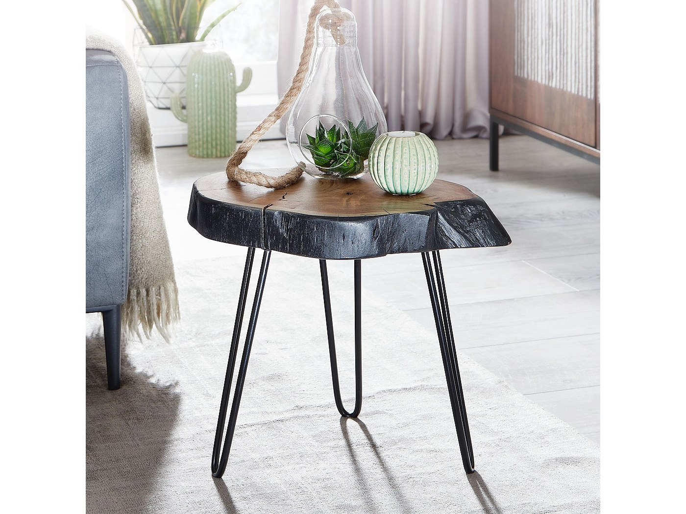 Mesa Auxiliar Sofá Diseño Industrial Mesa De Centro Redonda Negra Y Roble - Estilo Industrial Escandinavo, Metal Y Madera Mesa Moderna Fácil Montaje Estable