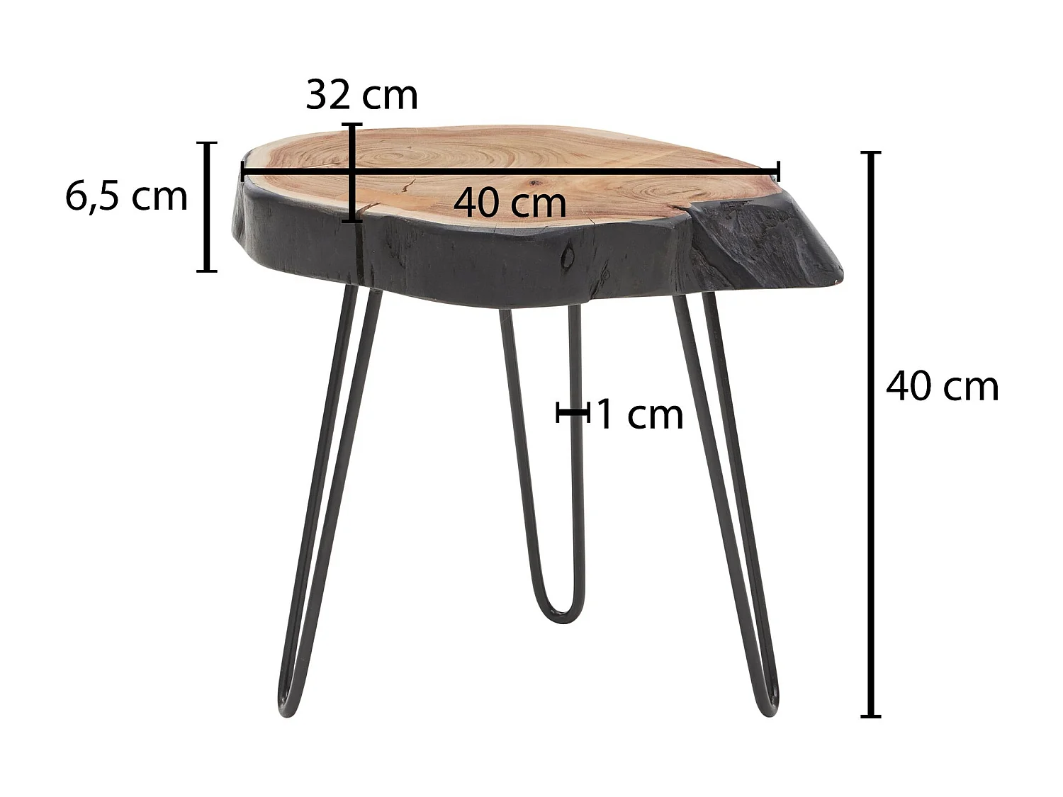 table d'appoint en bois d'acacia massif / métal industriel 40x40x32cm bord d'arbre | Table de