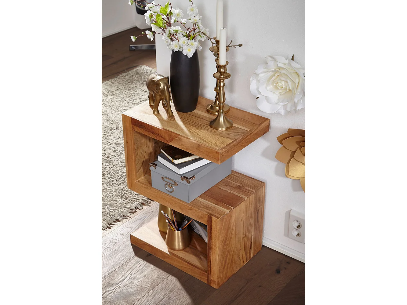 bijzettafel MUMBAI massief houten acacia S Cube 60 cm hoge salontafel design bruine salontafel in landelijke stijl