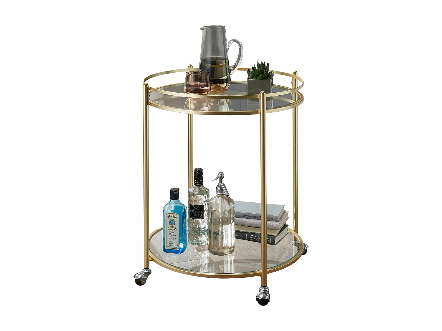 JAMES Gold Ø 57 cm bijzettafel | Theekar metaal met wielen Keukenwagen met glasplaten Barwagen Ongeveer 75 cm hoog | Keukentrolley Modern | trolley