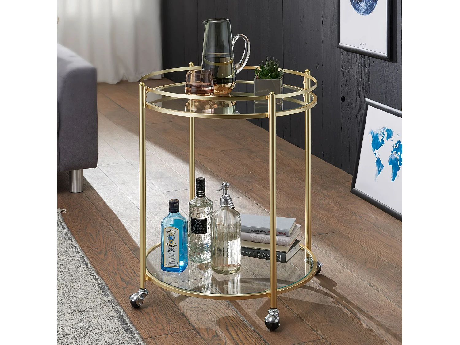 JAMES Gold Ø 57 cm bijzettafel | Theekar metaal met wielen Keukenwagen met glasplaten Barwagen Ongeveer 75 cm hoog | Keukentrolley Modern | trolley