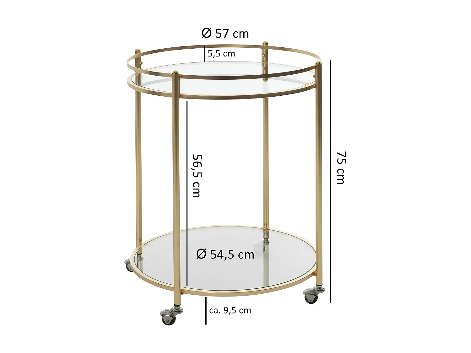JAMES Gold Ø 57 cm bijzettafel | Theekar metaal met wielen Keukenwagen met glasplaten Barwagen Ongeveer 75 cm hoog | Keukentrolley Modern | trolley