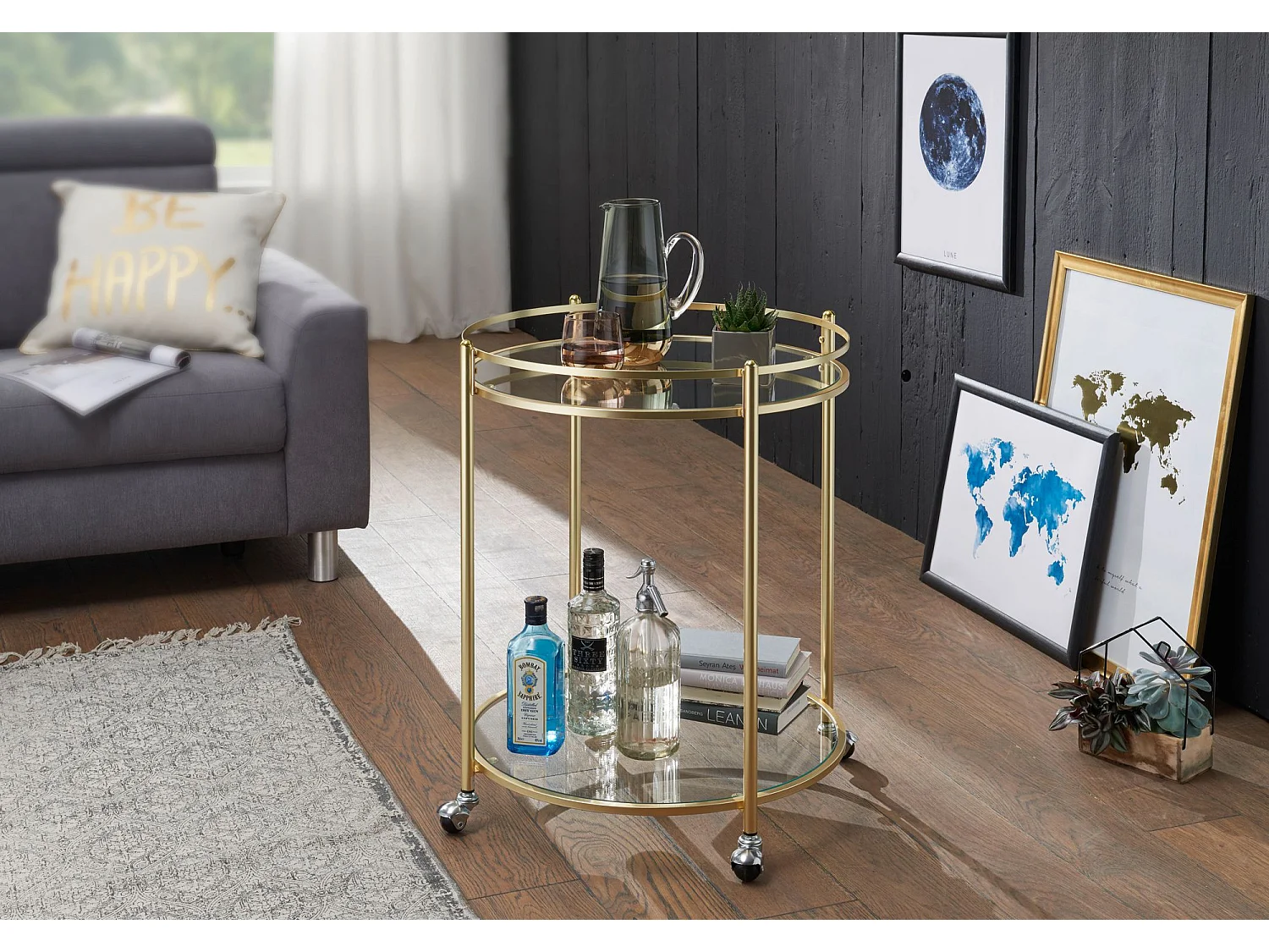 JAMES Gold Ø 57 cm bijzettafel | Theekar metaal met wielen Keukenwagen met glasplaten Barwagen Ongeveer 75 cm hoog | Keukentrolley Modern | trolley