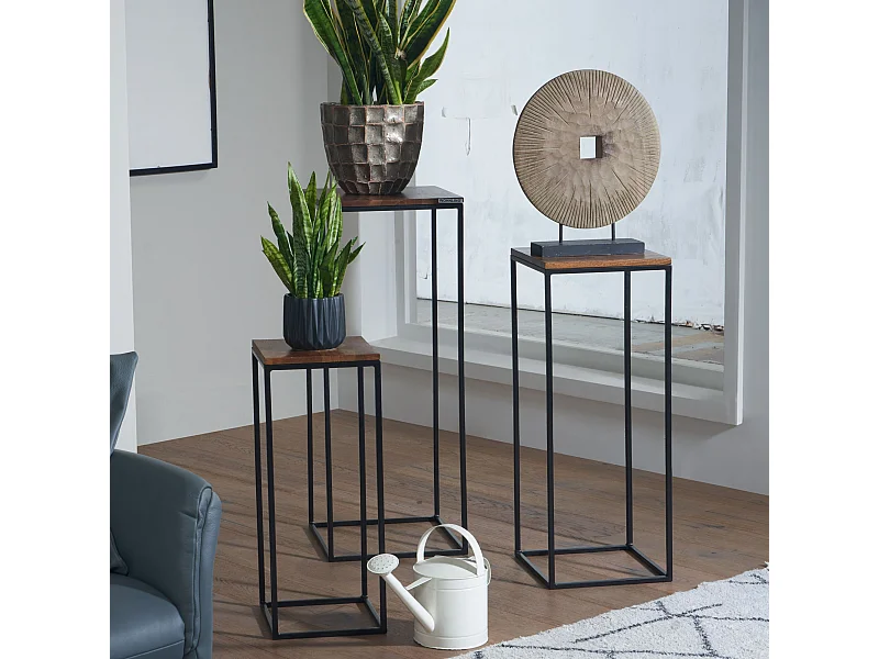 Sky Style - Sheesham massief houten bloementafel set van 3 nesttafel kolomtafel decoratieve kolom