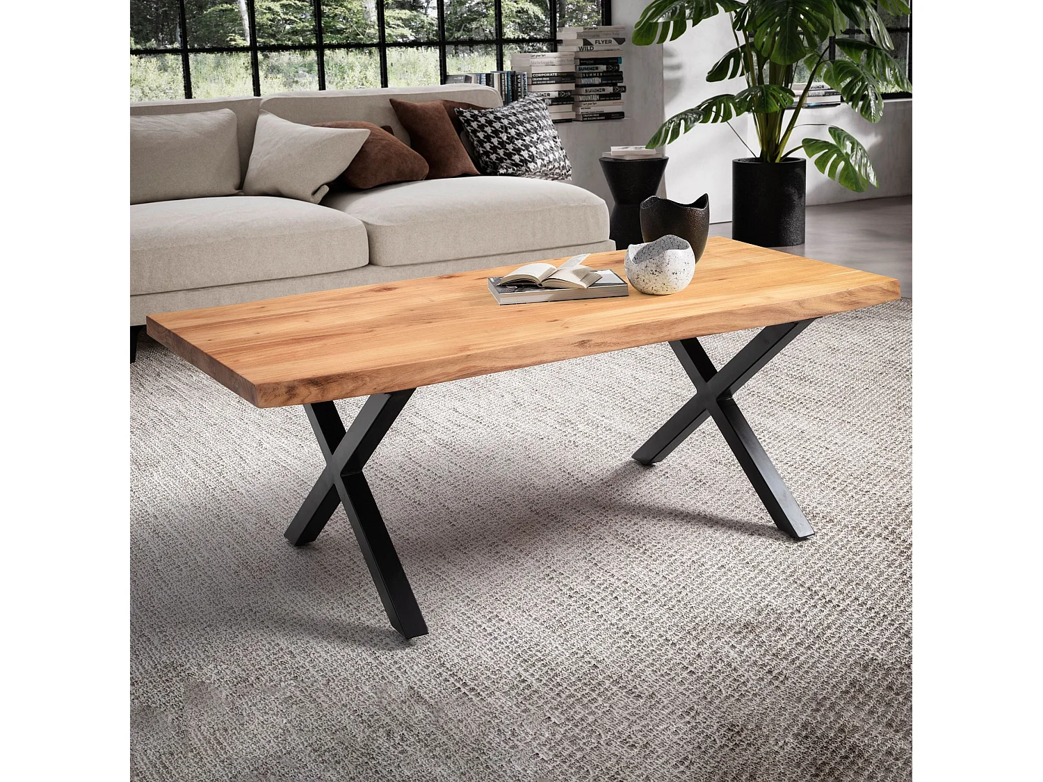 Couchtisch 120x60x46 cm Akazie Massivholz / Metall Baumkante, Design Wohnzimmertisch Rechteckig,