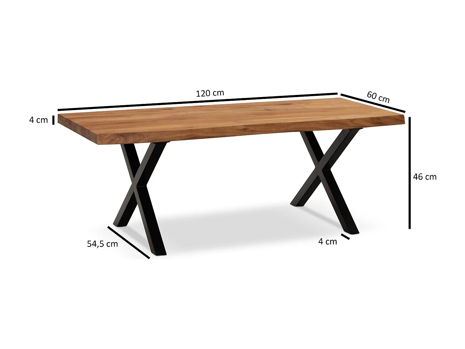 Couchtisch 120x60x46 cm Akazie Massivholz / Metall Baumkante, Design Wohnzimmertisch Rechteckig,