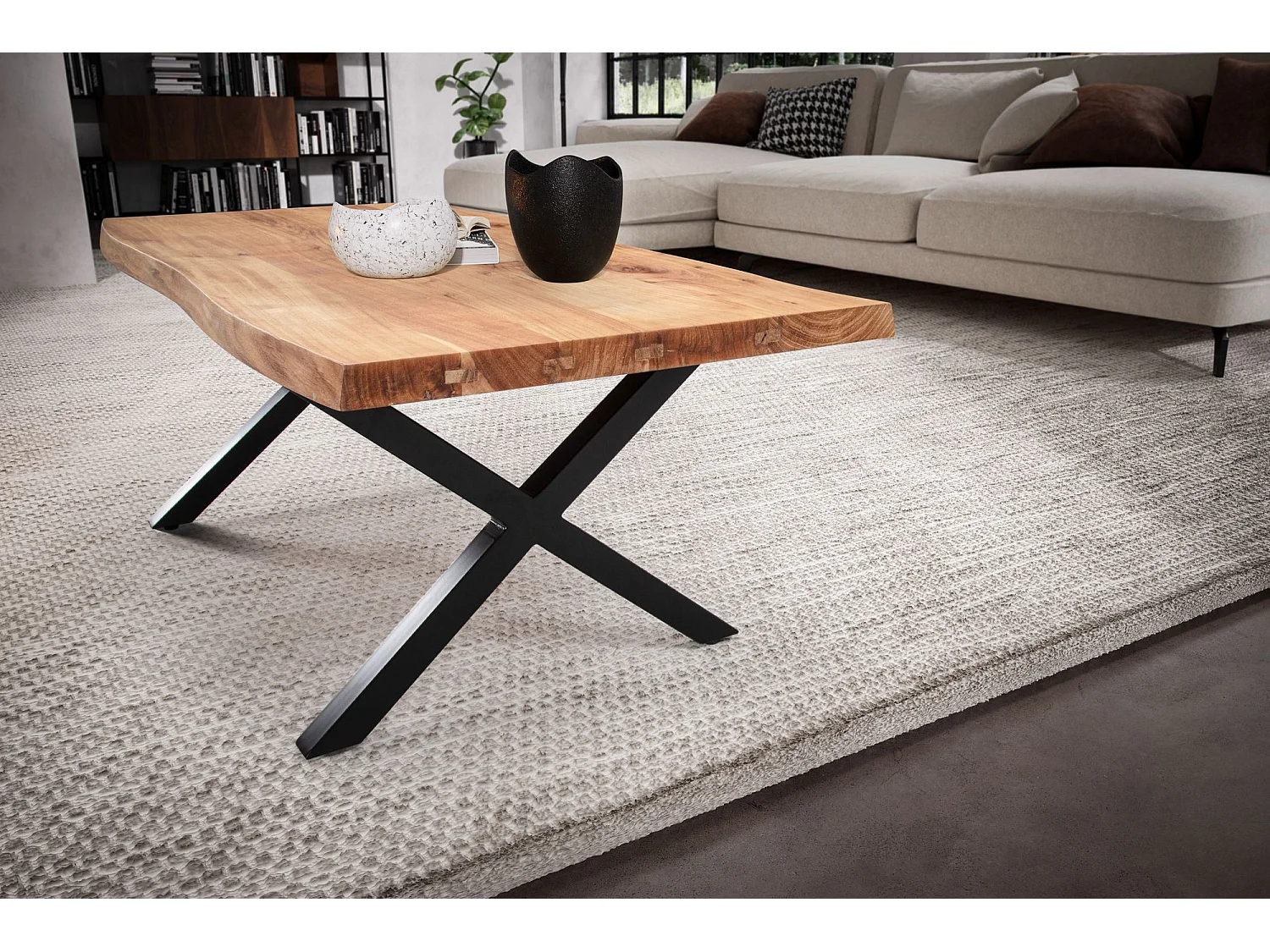 Couchtisch 120x60x46 cm Akazie Massivholz / Metall Baumkante, Design Wohnzimmertisch Rechteckig,