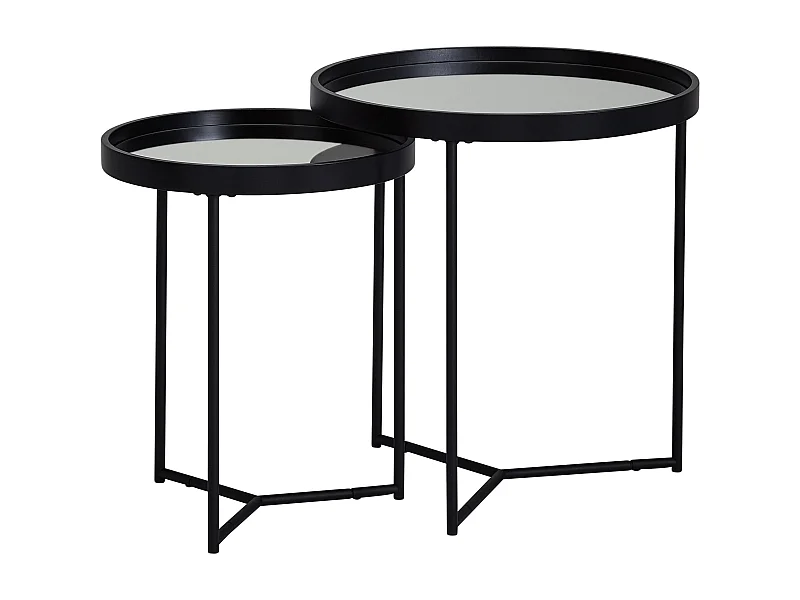 design bijzettafel rond Ø 50/36 cm - 2 stuks zwart met spiegelglazen bovenkant | Salontafel set van 2 | Bijzettafel gespiegelde salontafel