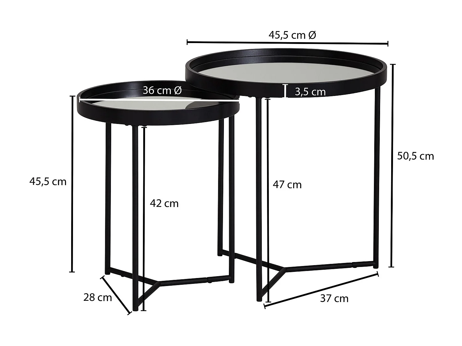 design bijzettafel rond Ø 50/36 cm - 2 stuks zwart met spiegelglazen bovenkant | Salontafel set van 2 | Bijzettafel gespiegelde salontafel