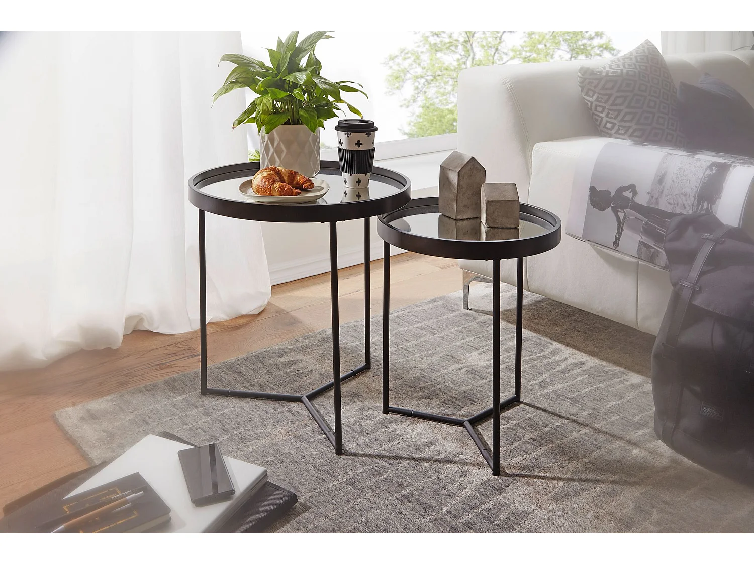 design bijzettafel rond Ø 50/36 cm - 2 stuks zwart met spiegelglazen bovenkant | Salontafel set van 2 | Bijzettafel gespiegelde salontafel