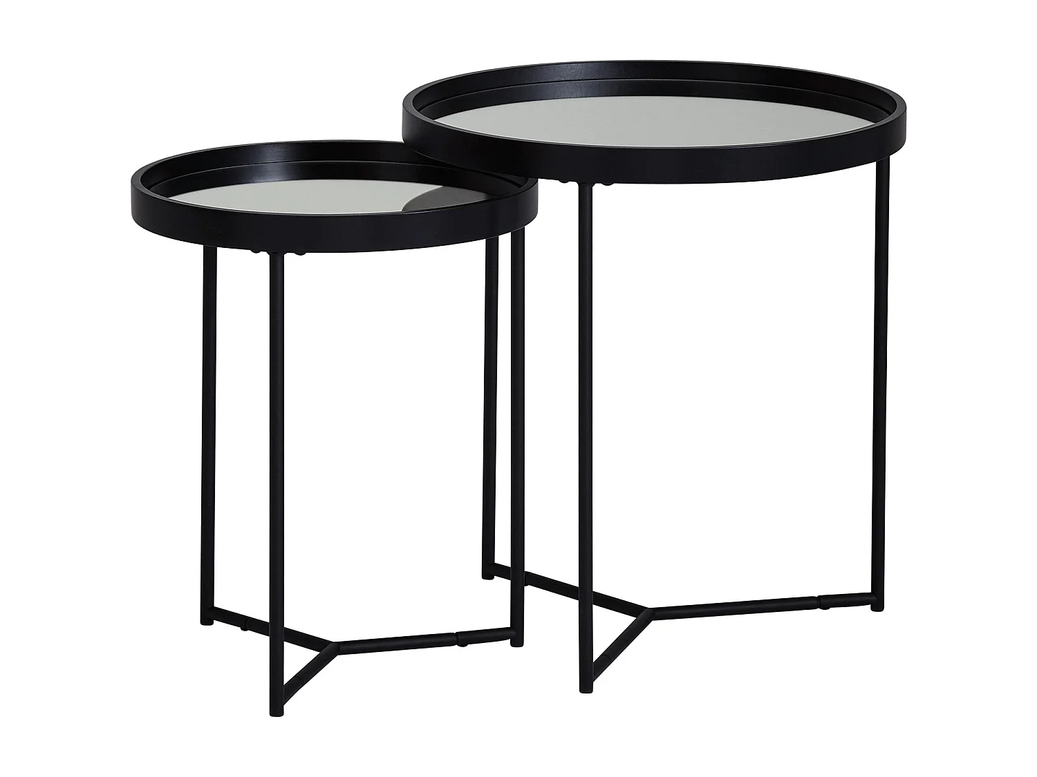 design ronde Ø 50/36 cm - 2 pièces noir avec plateau en verre miroir | Ensemble de 2 tables de
