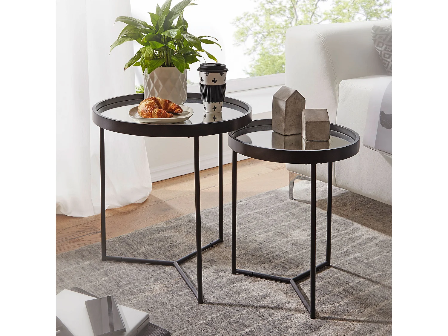 design ronde Ø 50/36 cm - 2 pièces noir avec plateau en verre miroir | Ensemble de 2 tables de