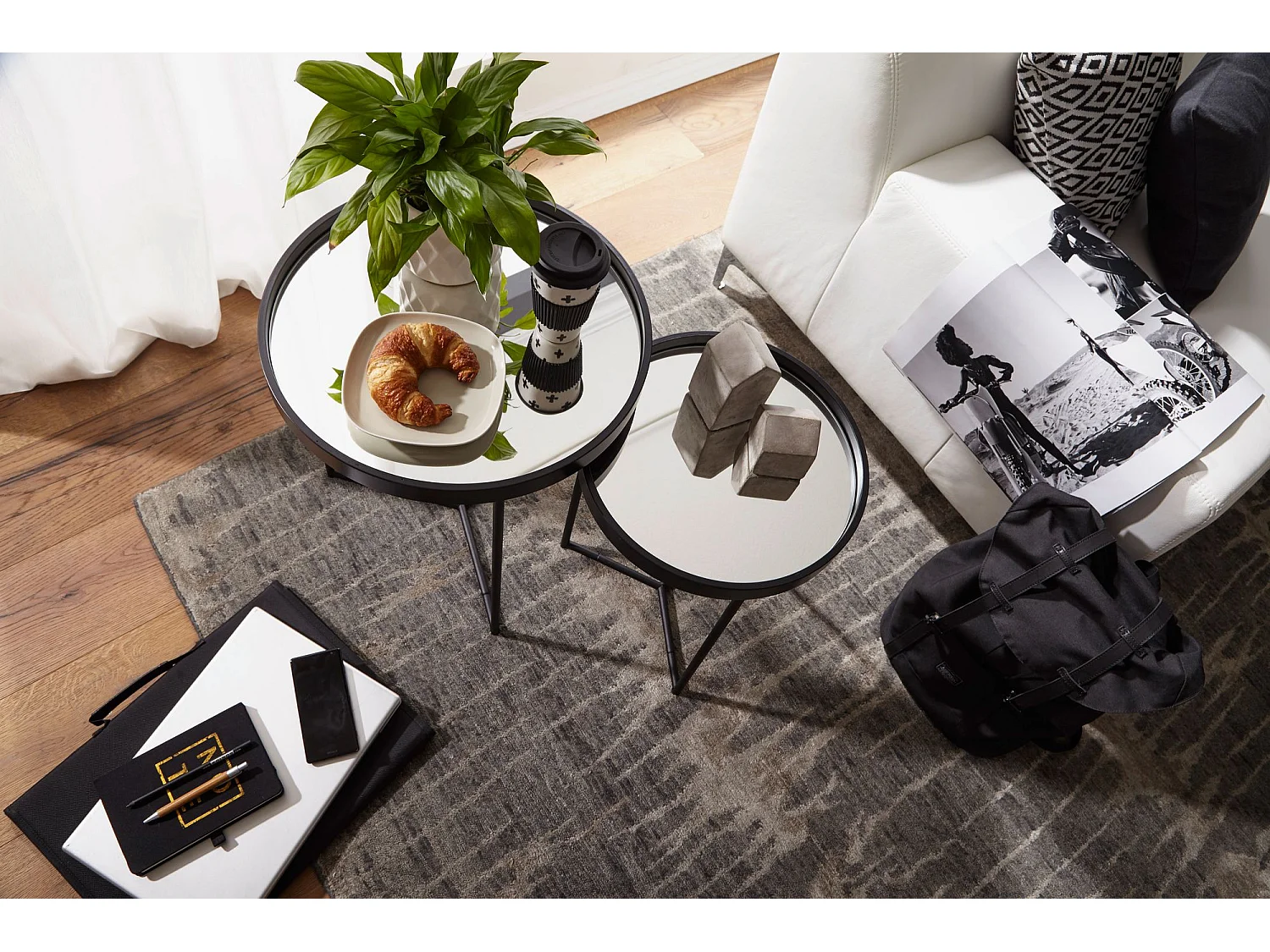 design ronde Ø 50/36 cm - 2 pièces noir avec plateau en verre miroir | Ensemble de 2 tables de