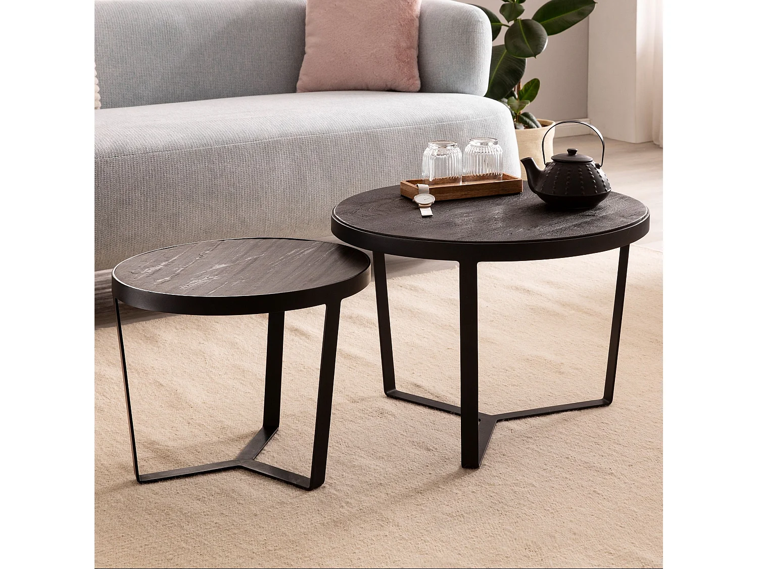Salontafelset - Massief acaciahout zwart/antraciet - Modern design met nestfunctie