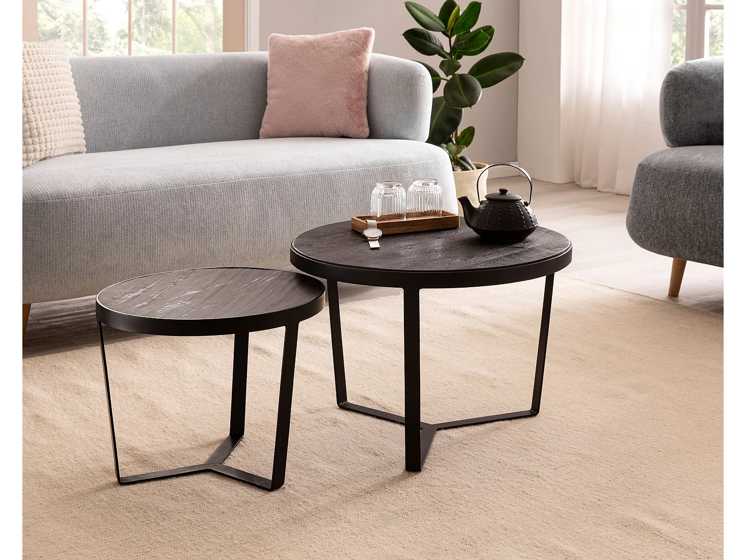 Salontafelset - Massief acaciahout zwart/antraciet - Modern design met nestfunctie