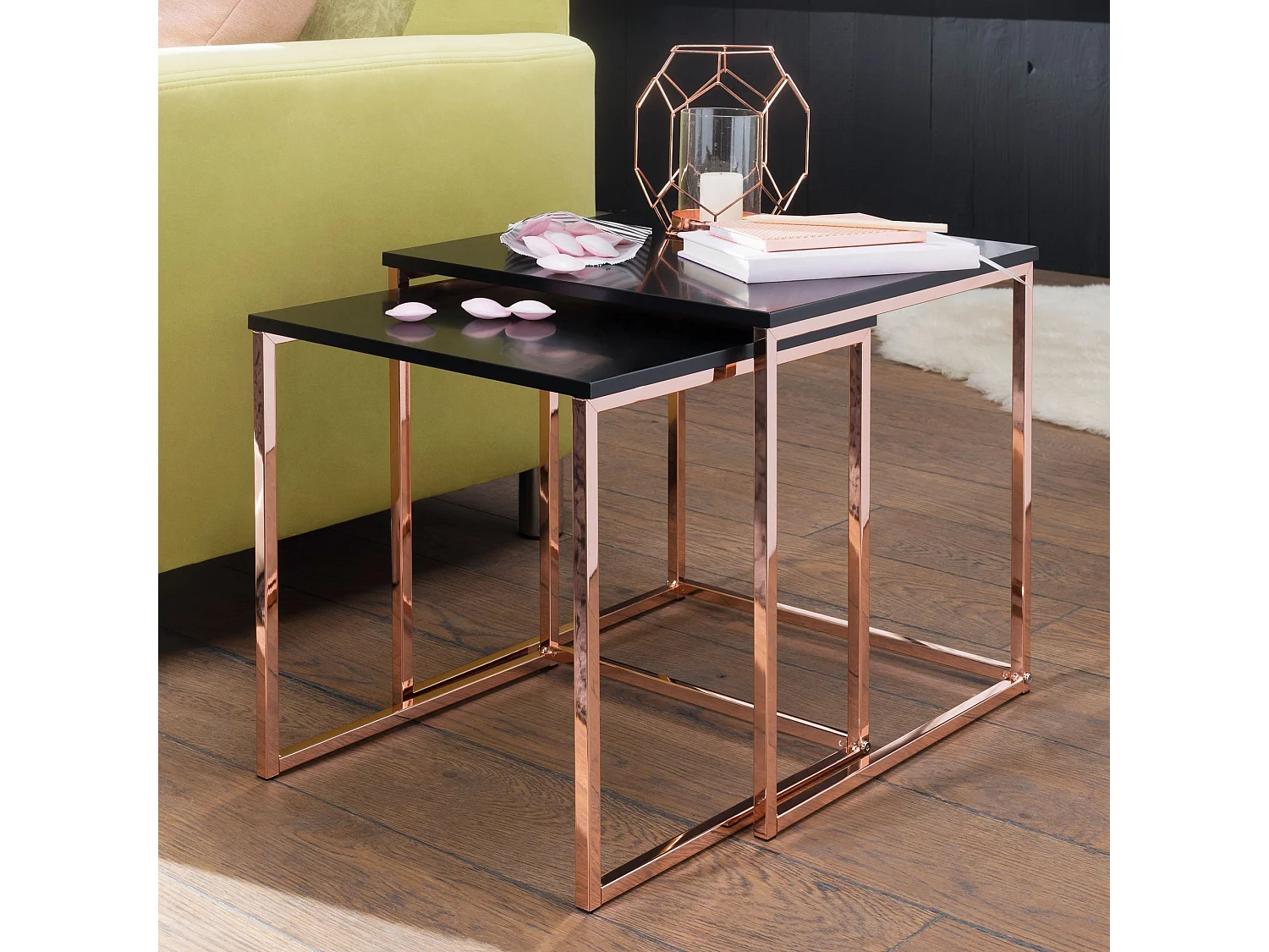 CALA zwart / koperen bijzettafel MDF / metaal | Salontafel set van 2 tafels | Kleine salontafel | Metalen tafel met houten plaat | Opbergtafel modern