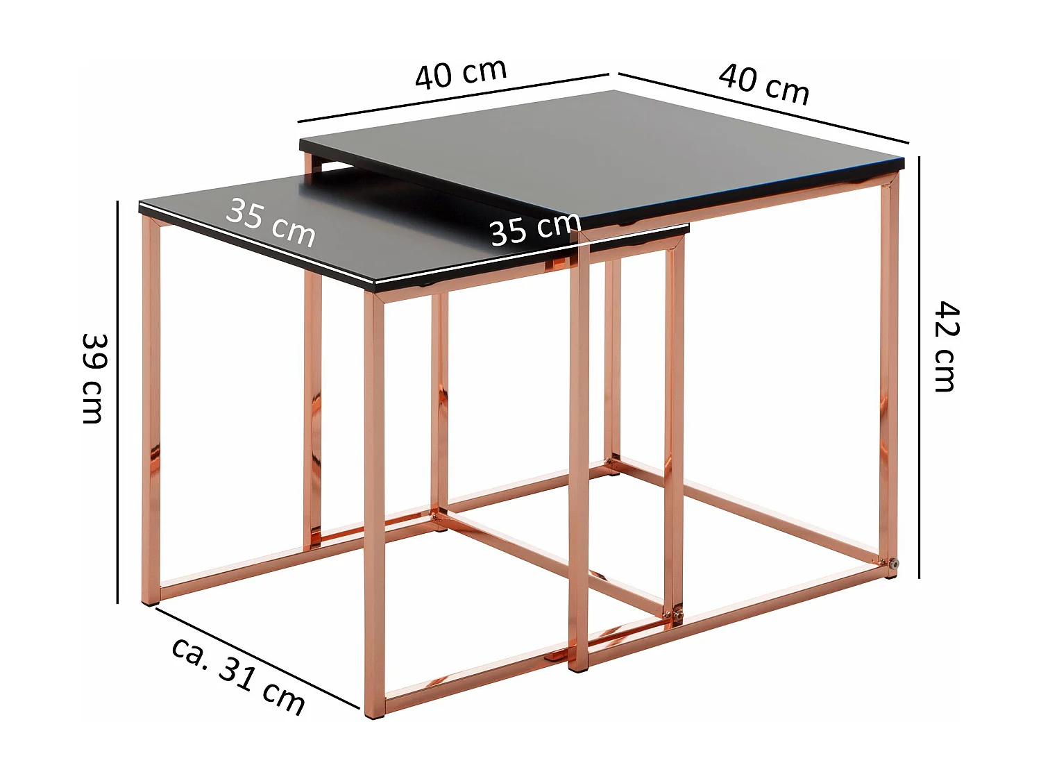 CALA zwart / koperen bijzettafel MDF / metaal | Salontafel set van 2 tafels | Kleine salontafel | Metalen tafel met houten plaat | Opbergtafel modern