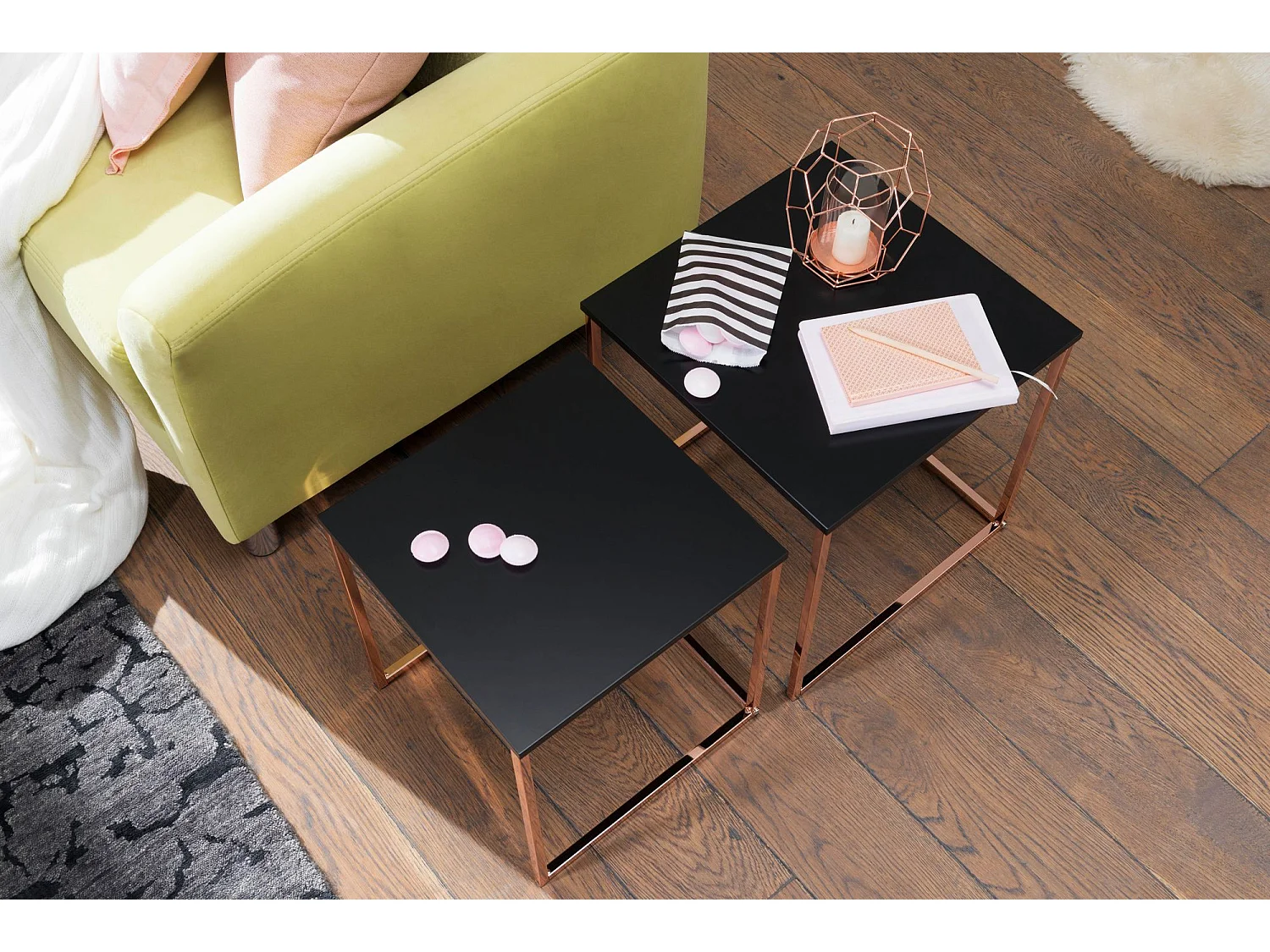 CALA zwart / koperen bijzettafel MDF / metaal | Salontafel set van 2 tafels | Kleine salontafel | Metalen tafel met houten plaat | Opbergtafel modern