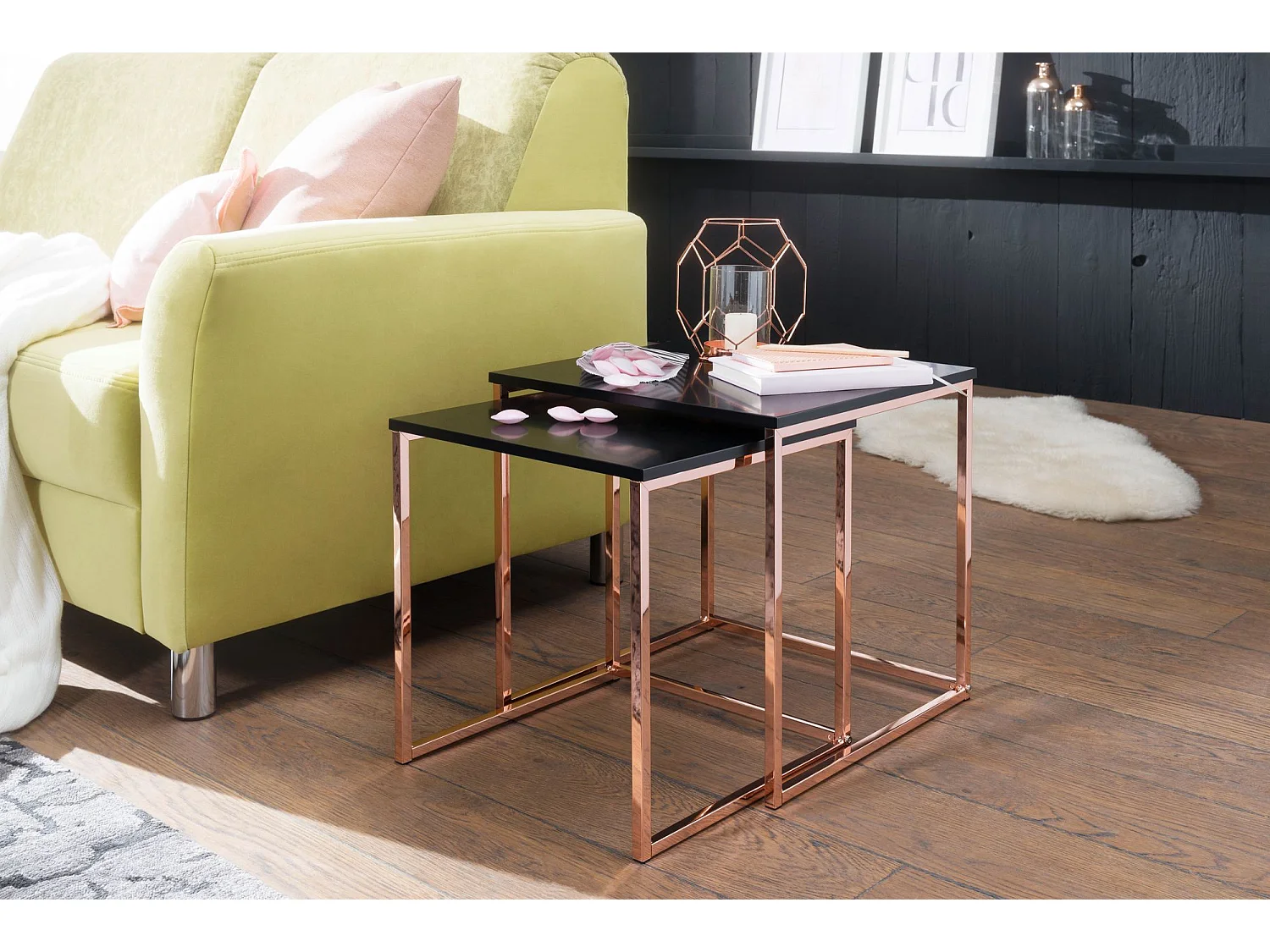 Bijzettafel set CALA - Zwart/koper MDF/metaal - Modern ontwerp met opbergruimte