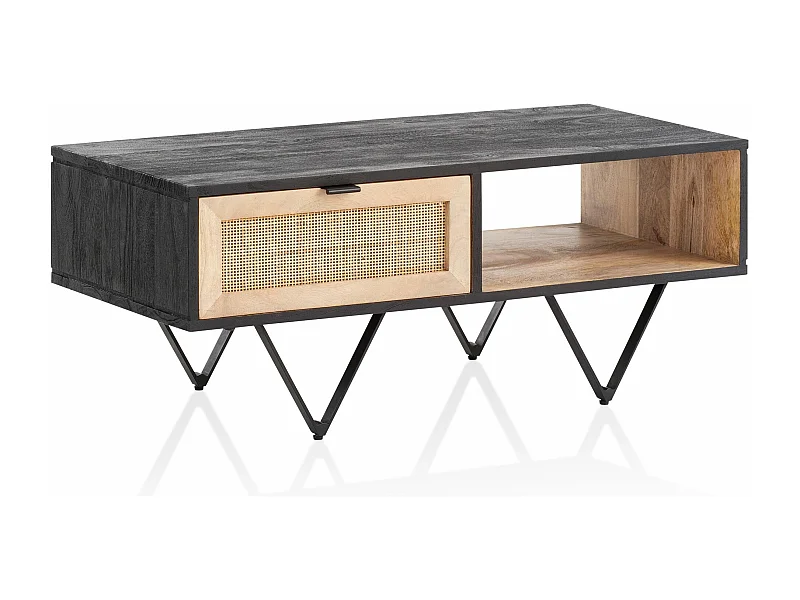 Salontafel Woonkamertafel - Mango massief hout zwart - Met lade en rieten gaas