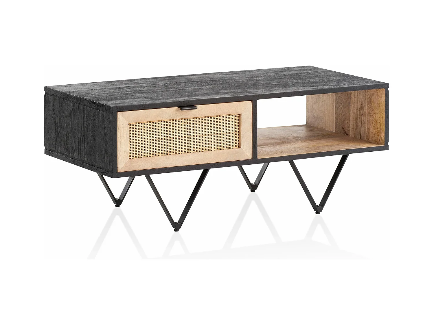 Salontafel Woonkamertafel - Mango massief hout zwart - Met lade en rieten gaas