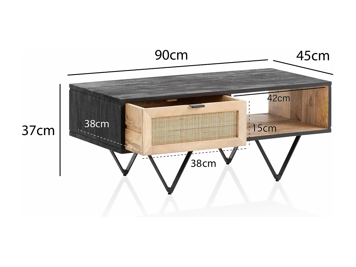 Salontafel Woonkamertafel - Mango massief hout zwart - Met lade en rieten gaas