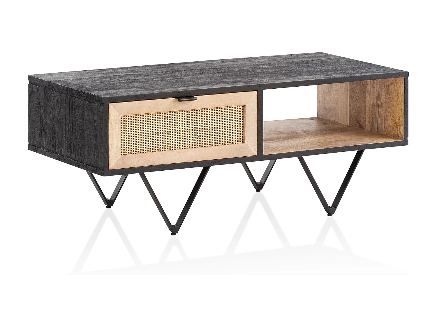 Salontafel Woonkamertafel - Mango massief hout zwart - Met lade en rieten gaas