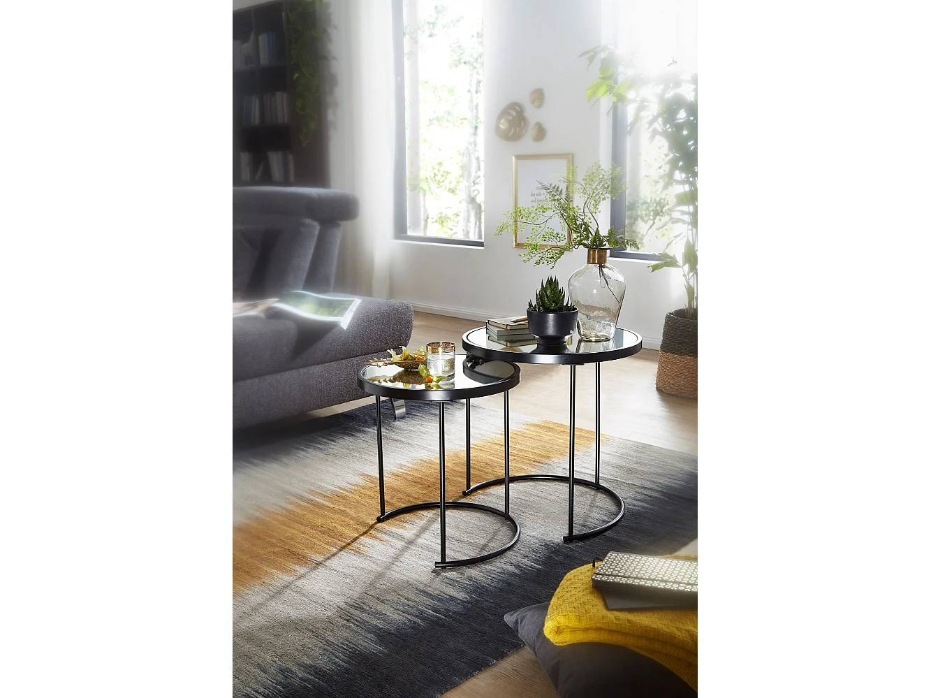 design bijzettafel rond Ø 50/42 cm - 2 stuks zwart met spiegelglas | Salontafel set van 2 | Bijzettafel gespiegelde salontafel