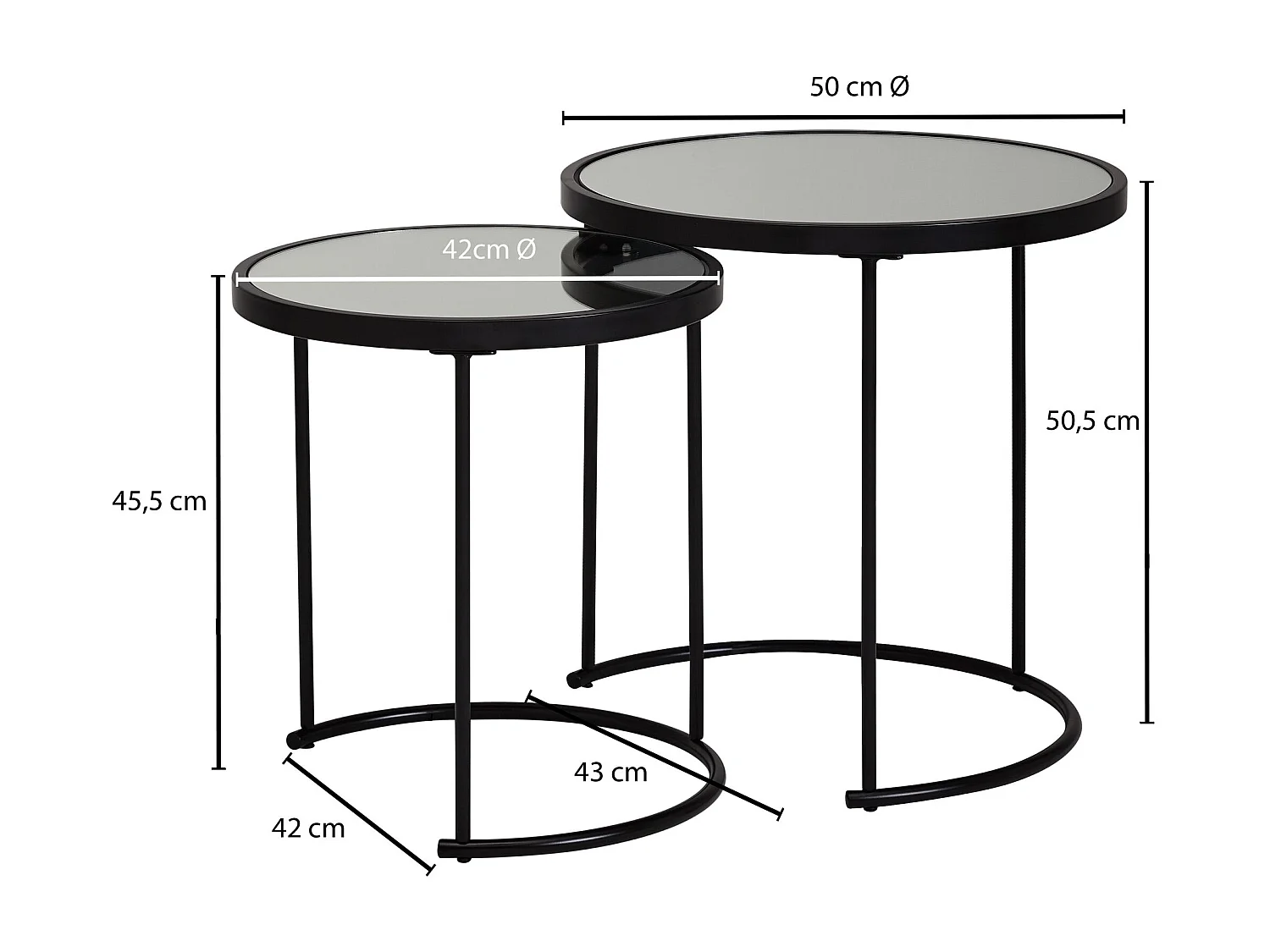 design bijzettafel rond Ø 50/42 cm - 2 stuks zwart met spiegelglas | Salontafel set van 2 | Bijzettafel gespiegelde salontafel