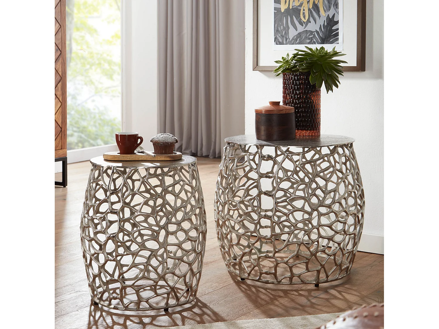 Beistelltisch 2er Set Aluminium Silber Design Satztisch Metall Rund, Wohnzimmertisch Couchtisch