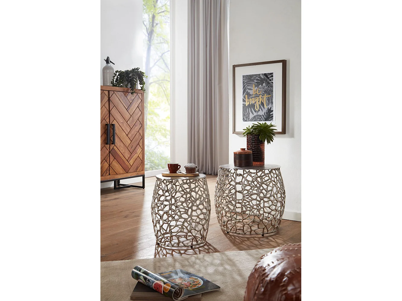 Beistelltisch 2er Set Aluminium Silber Design Satztisch Metall Rund, Wohnzimmertisch Couchtisch