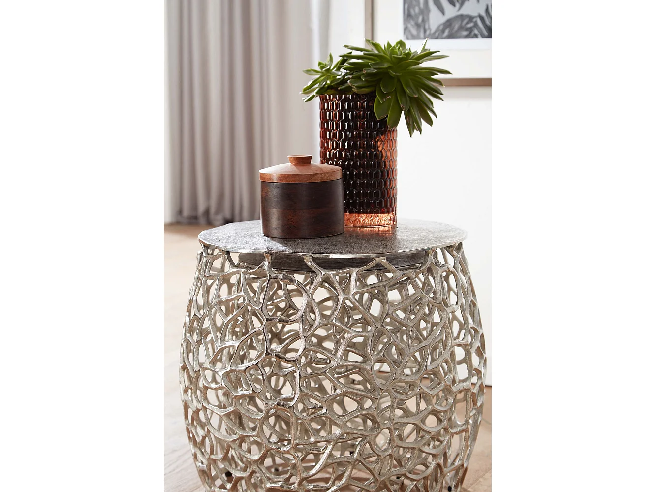 Beistelltisch 2er Set Aluminium Silber Design Satztisch Metall Rund, Wohnzimmertisch Couchtisch