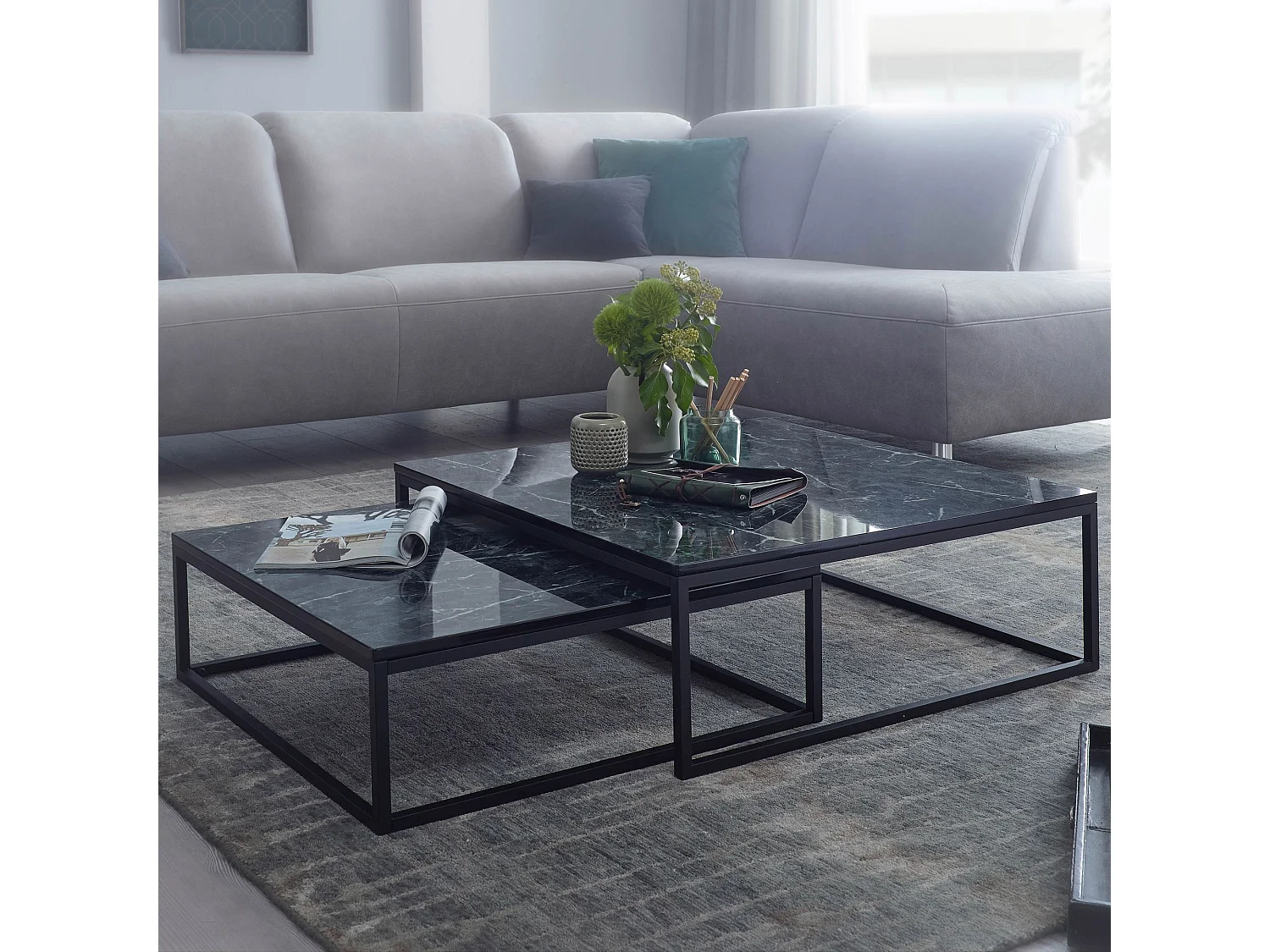 Design  Set van 2 zwart marmer optiek hoekig | Salontafels 2-delig metalen frame | Edele salontafels | Moderne nesttafels