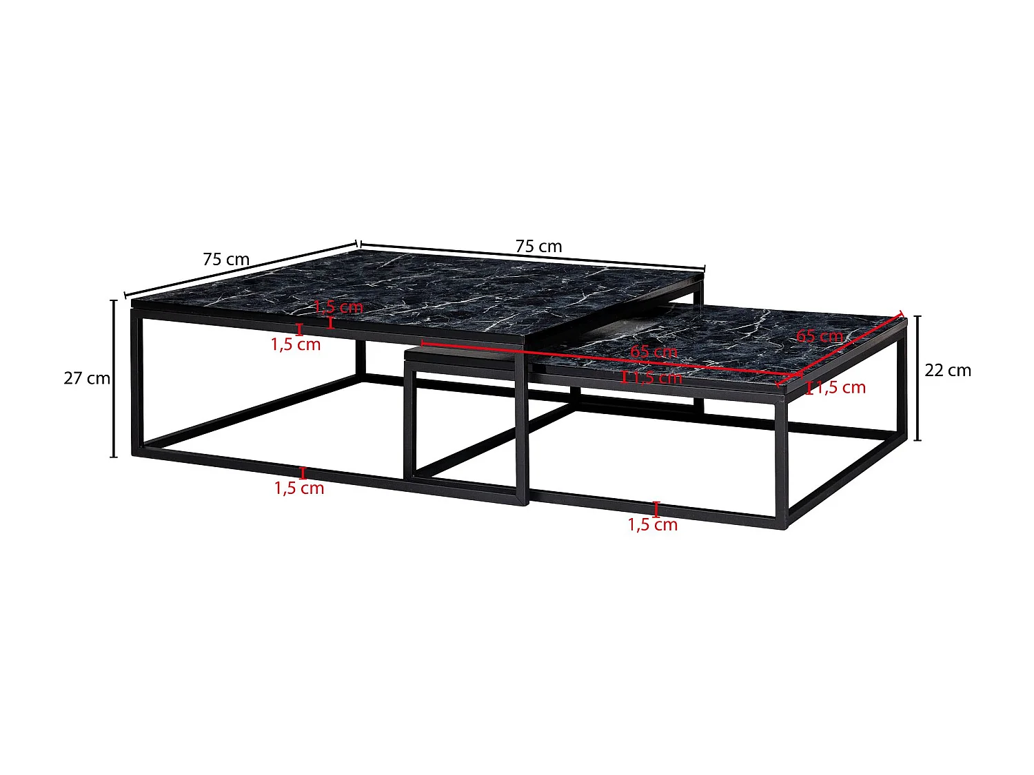Design Lot de 2 optiques en marbre noir angulaire | Tables basses structure métallique en 2