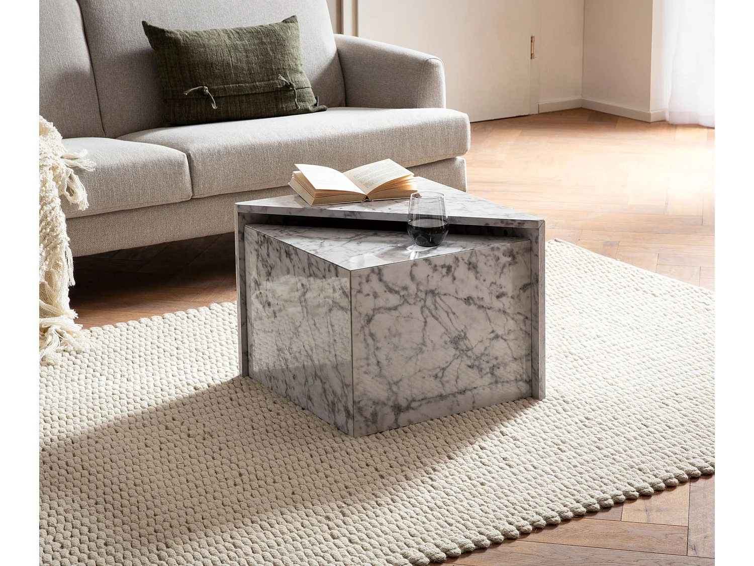 Couchtisch 2er Set MONOBLOC Weiß Hochglanz Sofatisch mit Marmor Optik, Design Satztisch Eckig,