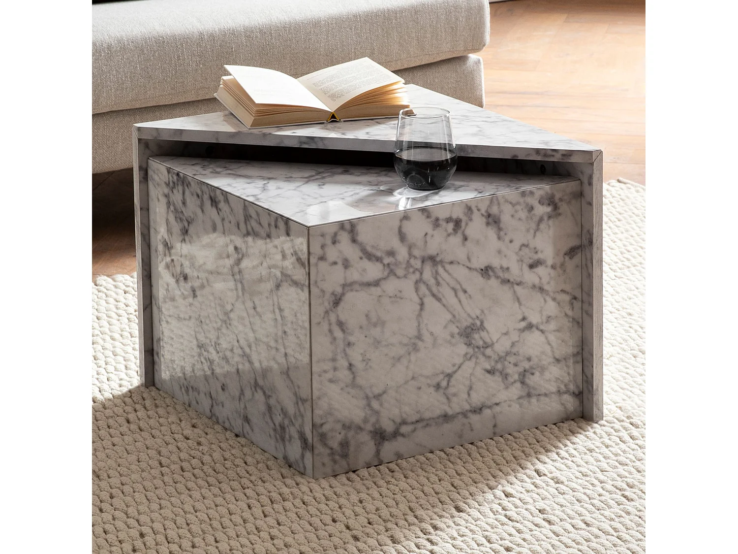 Salontafelset MONOBLOC - Wit hoogglans marmerlook - In elkaar schuivend design