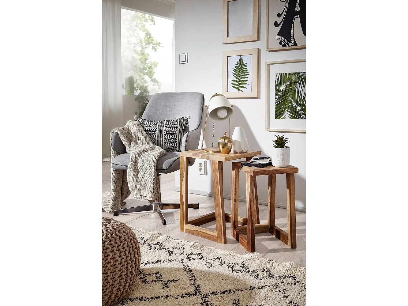 Set van 2 Side massief hout Sheesham ontwerp lounge tafel plein nachtkastje zetten landelijke stijl