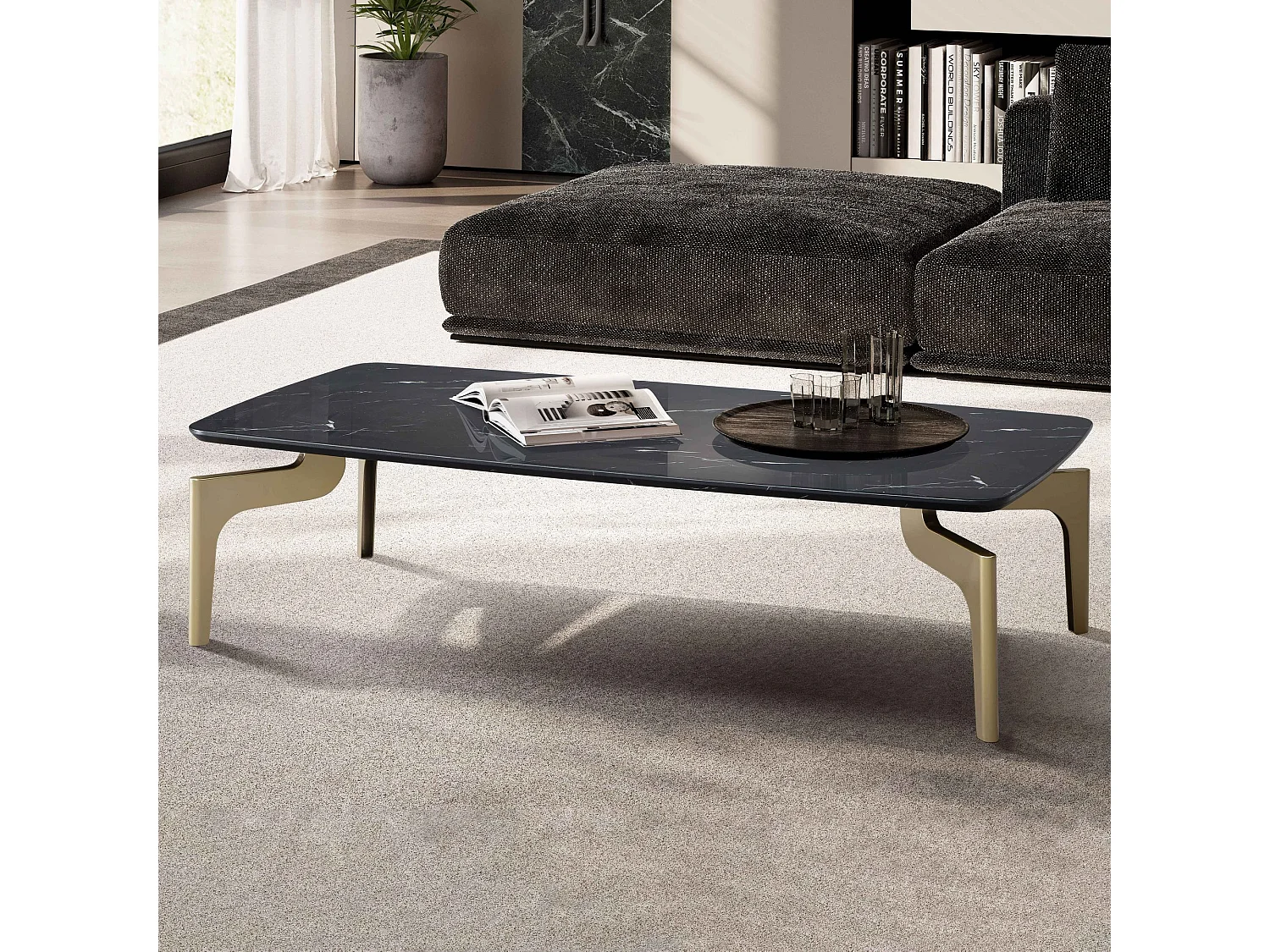 Couchtisch 120x60x30,5 cm mit Hochglanz Marmor Optik Schwarz / Gold, Wohnzimmertisch Rechteckig