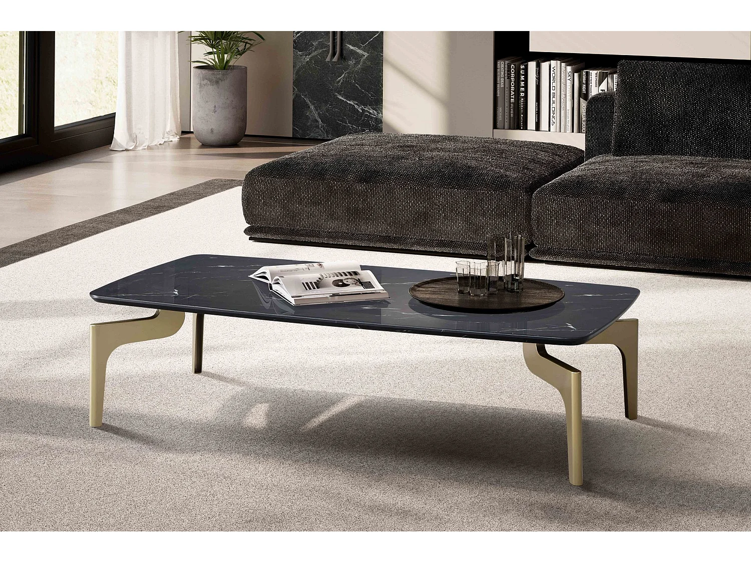 Couchtisch 120x60x30,5 cm mit Hochglanz Marmor Optik Schwarz / Gold, Wohnzimmertisch Rechteckig